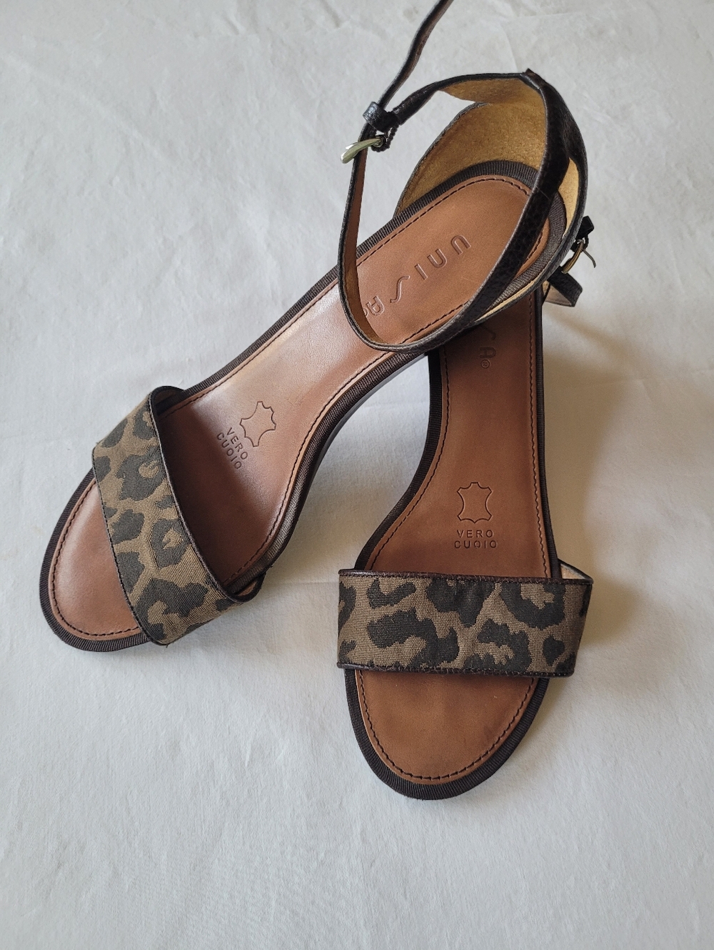 Unisa Wedge Leopard-Print Ankle-Strap Sandals in Brown and Black Size 9